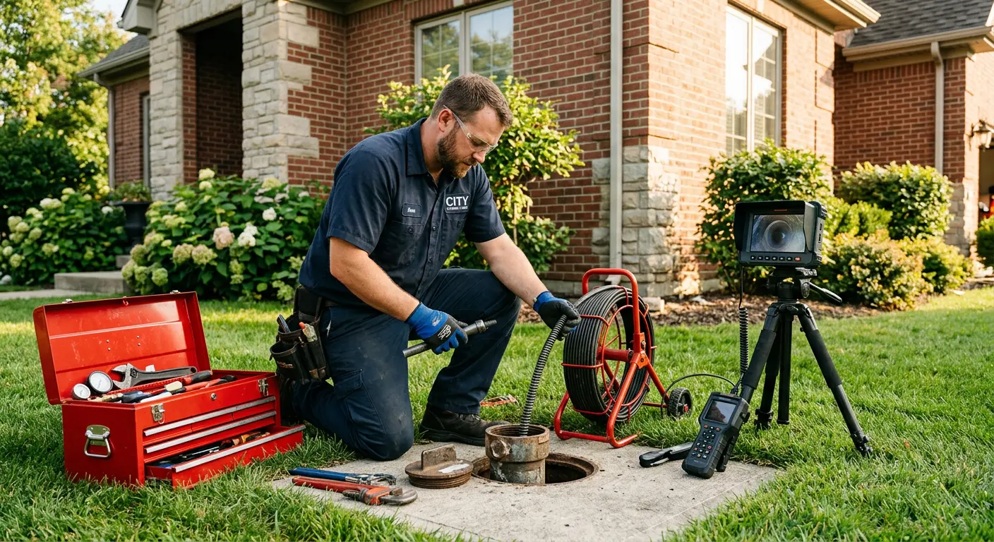 Sewer specialist with camera equipment servicing a cleanout in Austintown