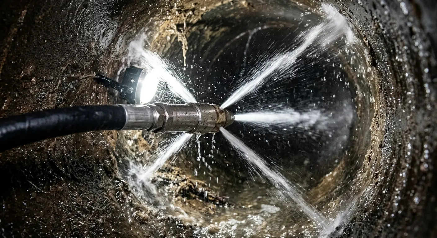 High-pressure hydro jetting nozzle cleaning sewer pipe for Sewer Cleanout in Austintown