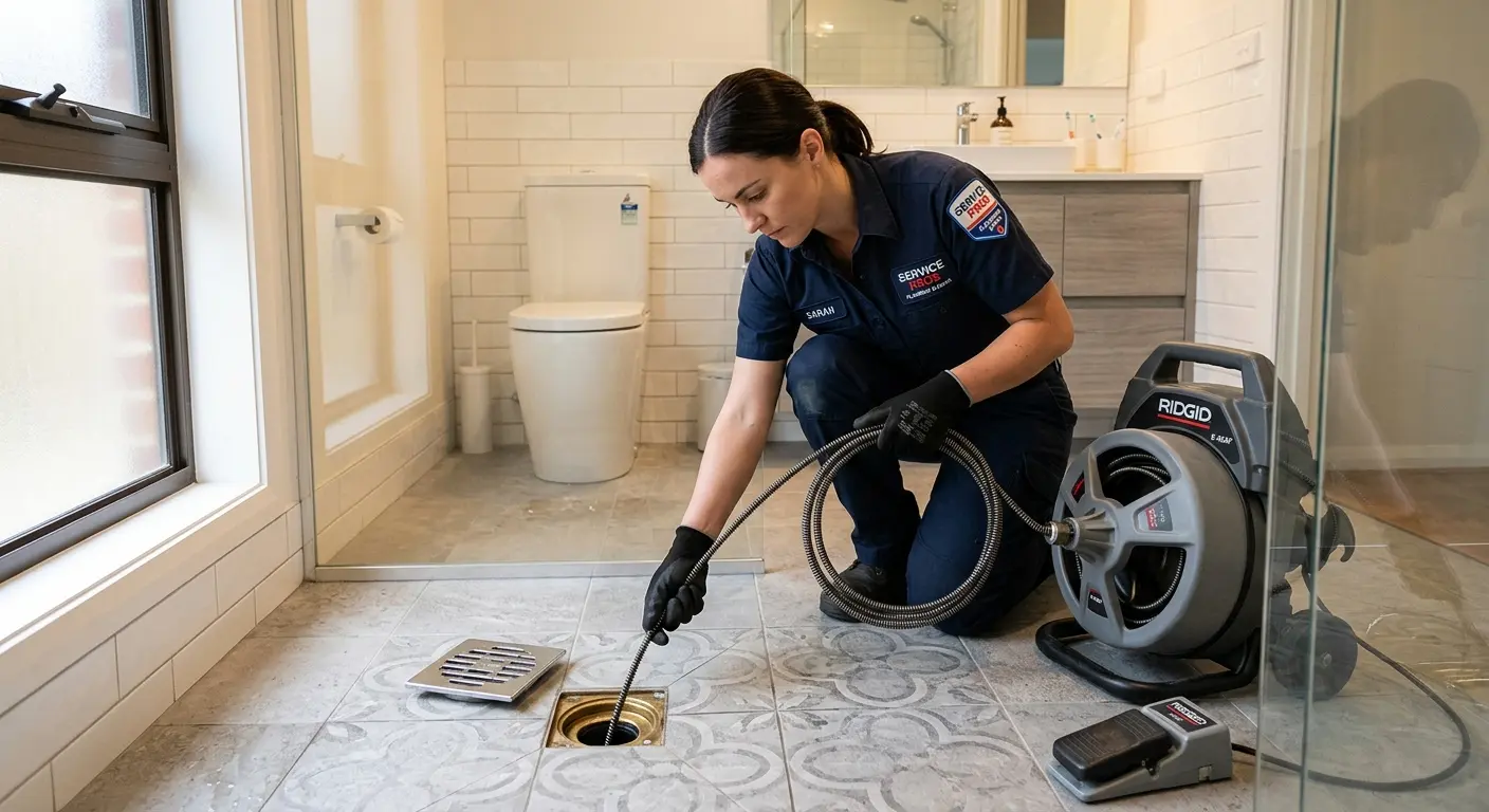 Technician clearing a bathroom floor drain for Hydro Jetting in Austintown